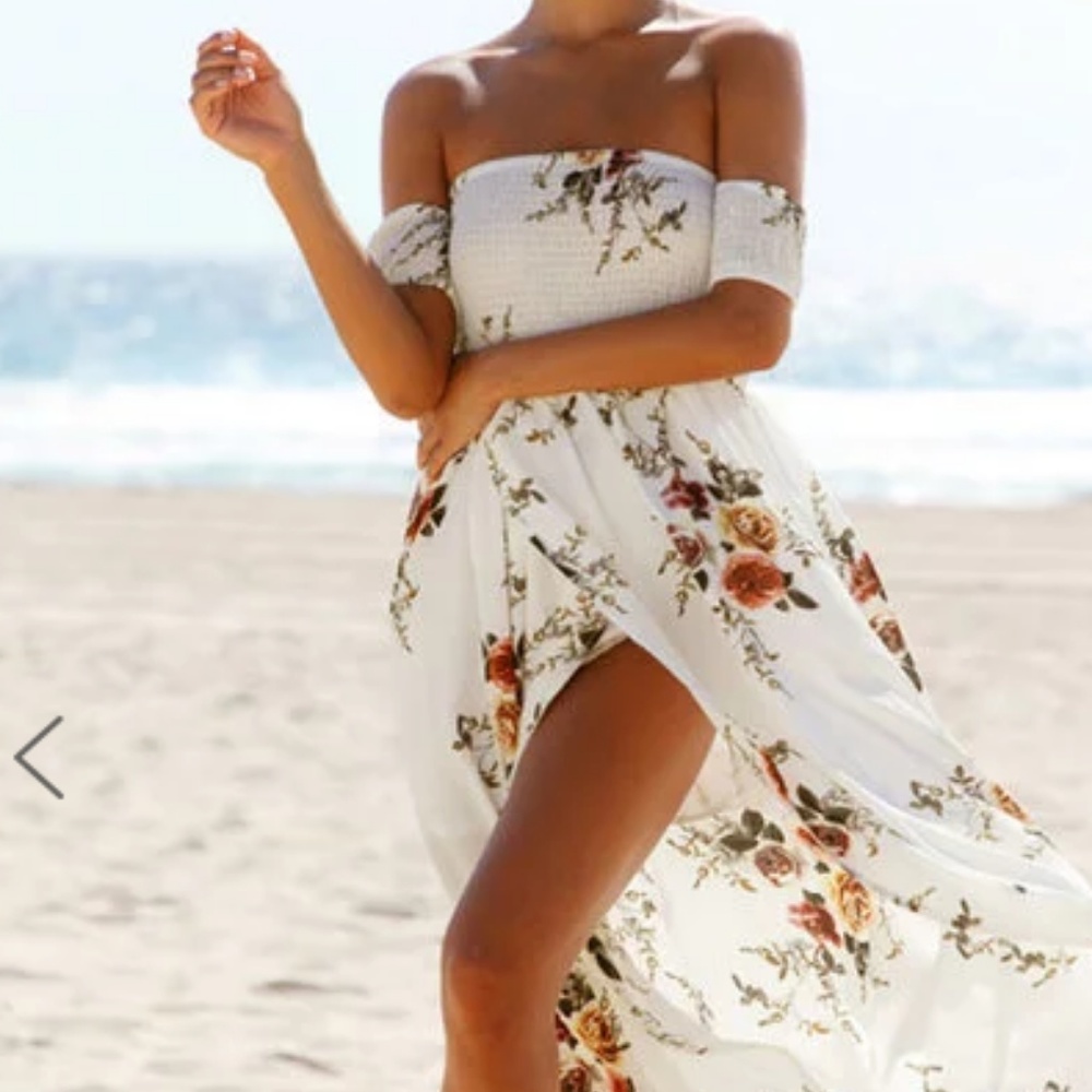 White Floral-print Off Shoulder Shirred Boho Dress